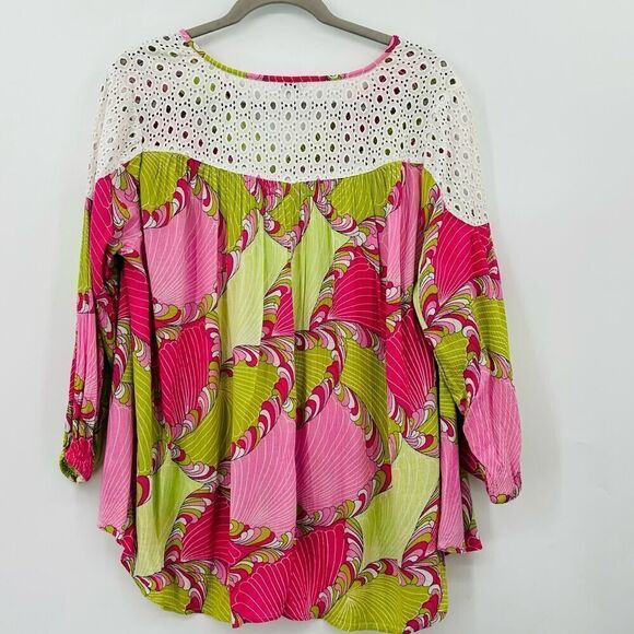 Crown & Ivy Gauzy Pink Lime Green Boho Tunic Top Eyelet Trim Womens Large Flowy - Picture 2 of 8
